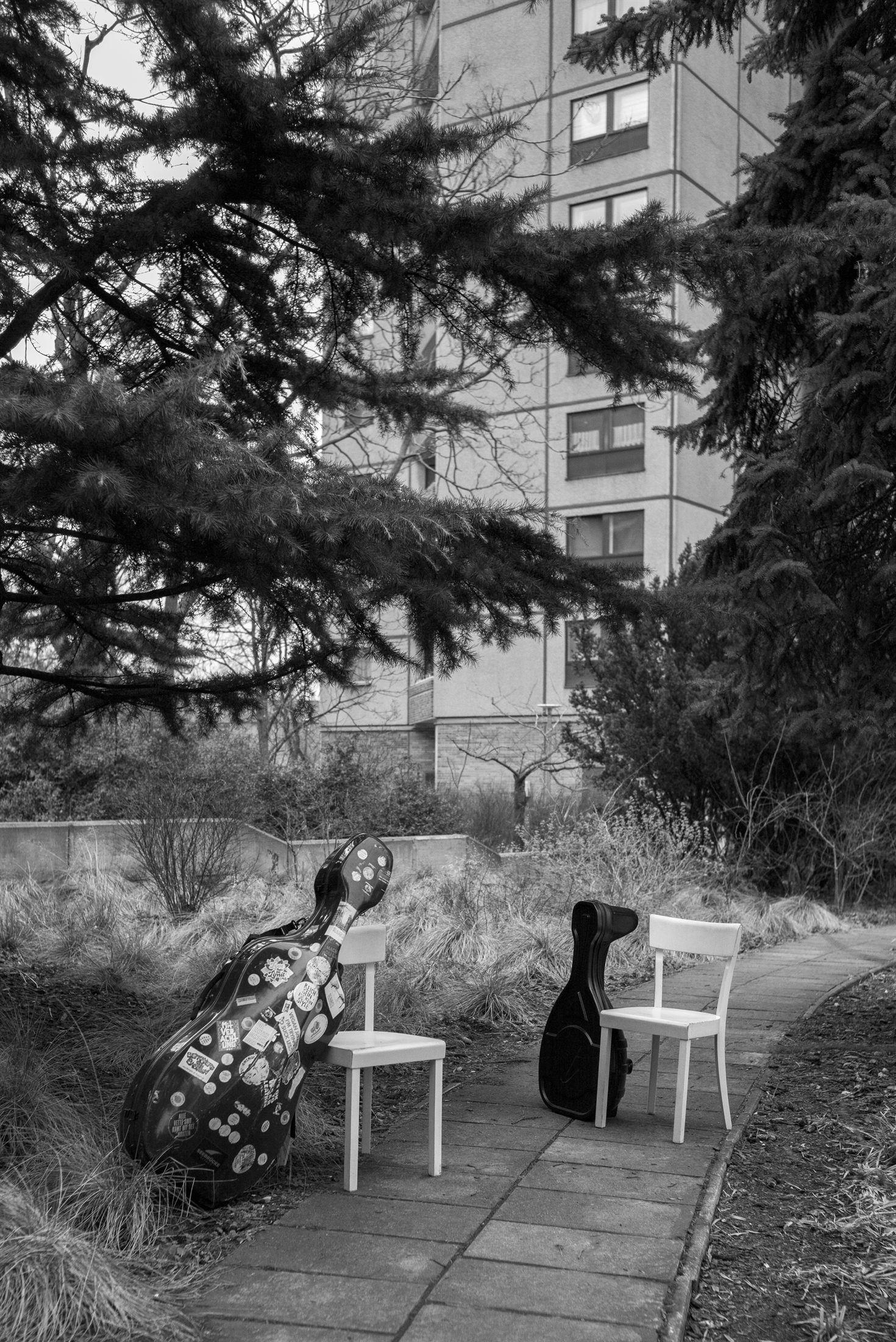 Instrument cases on chairs outdoors